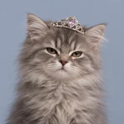 Augur, a long-haired grey cat in a gold leaf crown